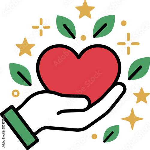 Hand holding a red heart icon with green leaves and golden stars