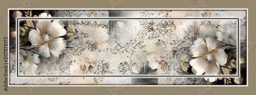 Foto Luxury silk scarf design with elegant white flowers, antique damask lace, and distressed tile textures