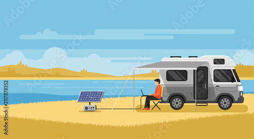 Portable solar panel charging station on a grassy field by the lake