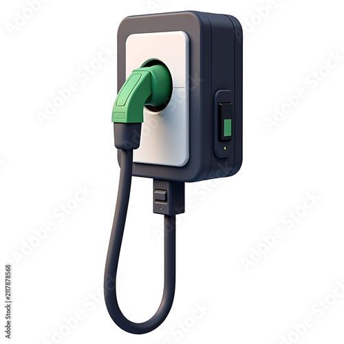 Electric car charger plugged into wall socket with switch and indicator light dark casing.