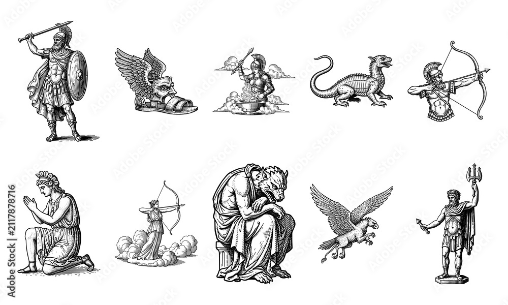 Fototapeta premium Engraved Collection of Ancient Greek Mythology Figures Including Roman Gods Warriors and Mythical Creatures in Vintage Etching Style