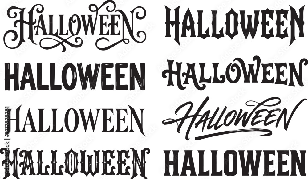 Fototapeta premium Spooky Halloween Typography Lettering Black Text Vector Set