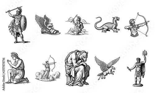 Engraved Collection of Ancient Greek Mythology Figures Including Roman Gods Warriors and Mythical Creatures in Vintage Etching Style