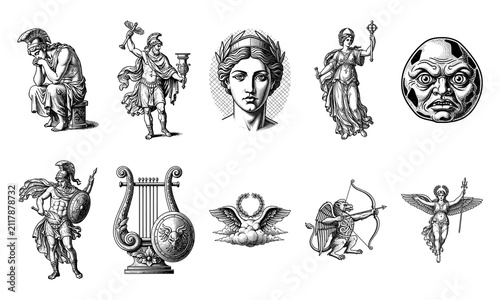 Vintage Greek Mythology Icon Set Featuring Classical Roman Goddess Warrior Lyre Laurel Wreath and Archer Vector Illustrations