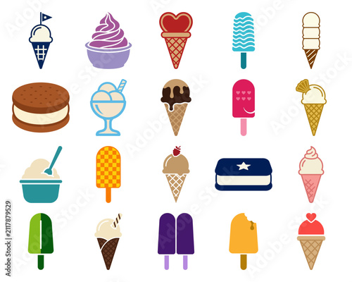 Vector set of diverse ice cream treats featuring popsicles, waffle cones, and dessert bowls for graphic design and menu layout.