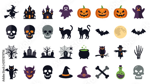 Dynamic Halloween Themed Icons Set Colorful Witches Skulls Jack O Lanterns Ghosts Bats and Spooky Symbols