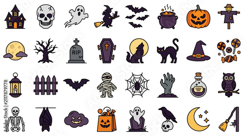 Dynamic Halloween Themed Icons Set Colorful Spooky Illustrations Including Ghosts Witches Pumpkins Skeletons and More