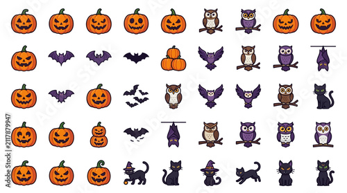 Dynamic Halloween Themed Icons Set Colorful Jack O Lanterns Bats Owls Cats and Witches in Playful Design