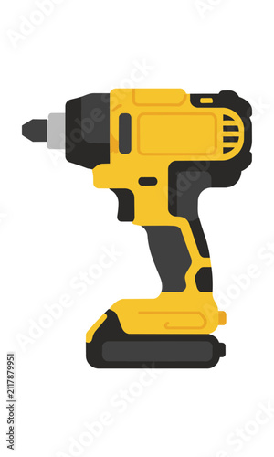 A modern yellow and black cordless impact driver, standing upright, isolated on a white background. DIY power tool concept