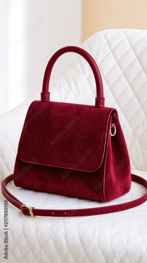 Obraz premium Luxury burgundy suede top handle handbag on a white quilted armchair in a bright minimalist interior. Elegant editorial product shot with soft natural light and gold accents.