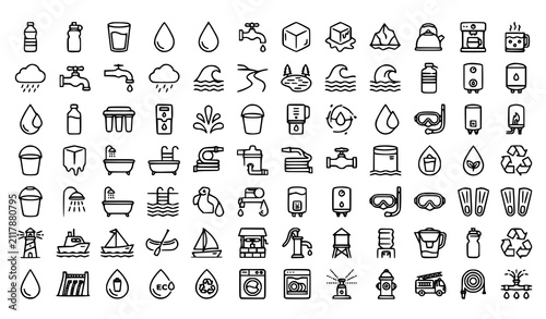 Water filtration and plumbing outline icon set featuring clean water utility equipment vectors