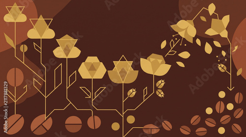 Stylized flat illustration of coffee plants with geometric flowers and roasted bean pile.