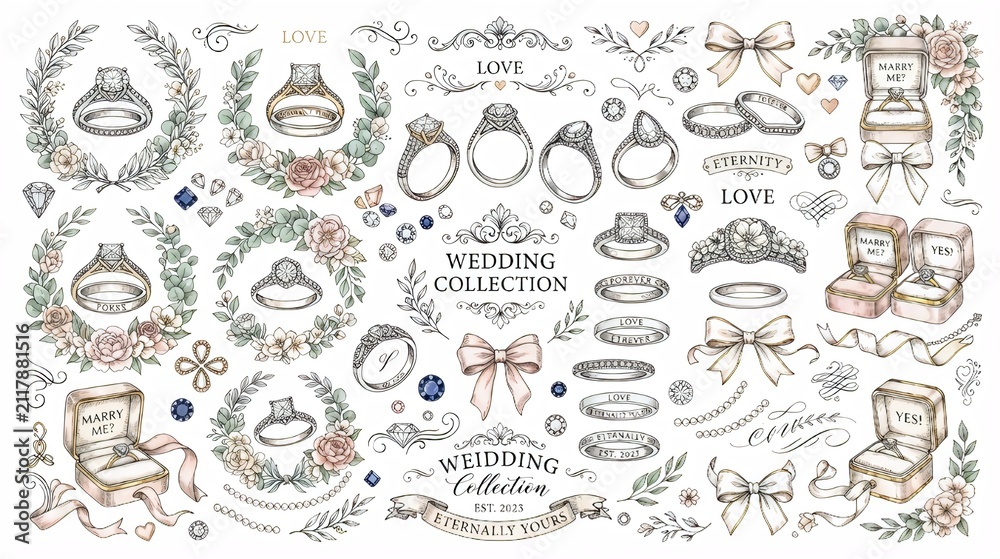 Naklejka premium Hand-drawn wedding ring collection doodle set romantic elements vector illustration draw