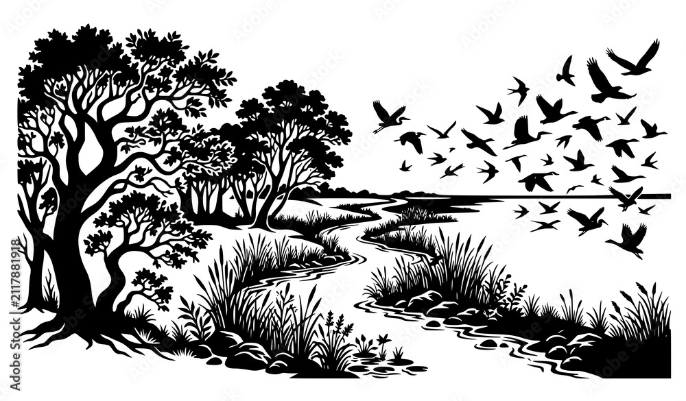 Fototapeta premium Nature Landscape with Flying Birds River and Trees Black Silhouette Vector Set