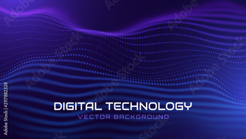 Blue Purple Particles Digital Technology Banner Background. Futuristic Data Flow Abstract Wave Design. Vector Illustration.