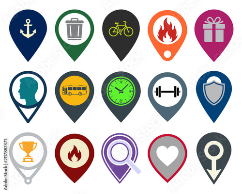 Vector set of colorful map pin location markers with various service symbols and navigation icons for mobile apps and web design.
