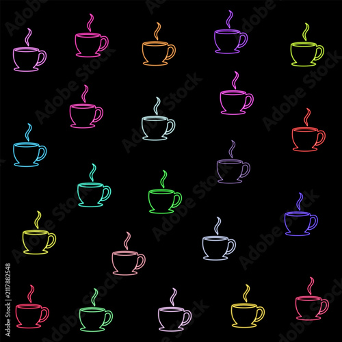 Colorful Neon Coffee Cup Icons Set with Steam Isolated on Black Background