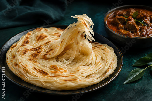 Kerala parotta captured mid-flake with layered texture, spicy curry beside it, dark teal restaurant background