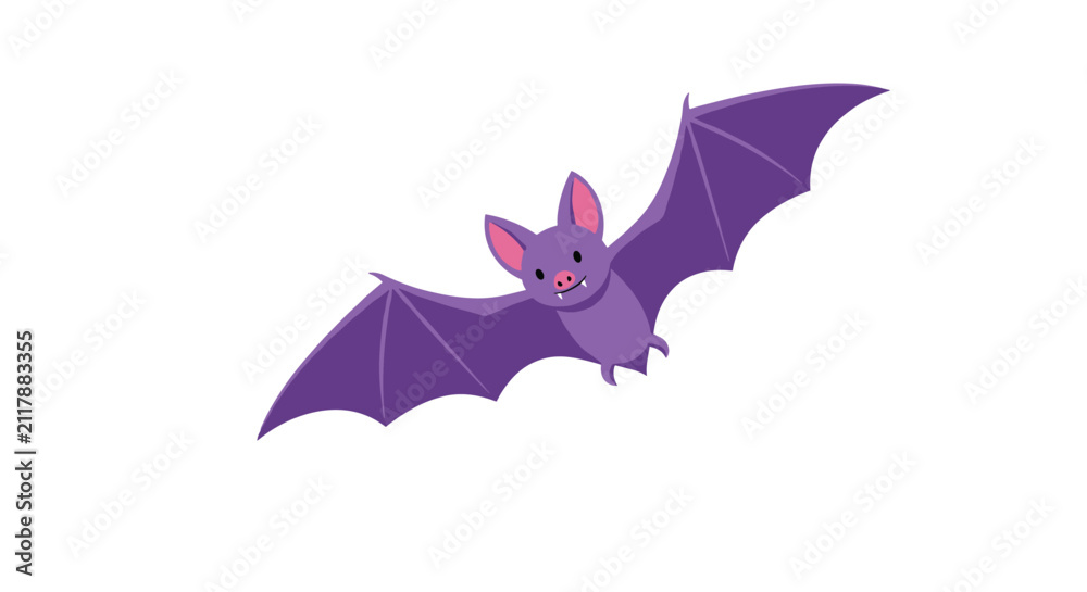 Fototapeta premium Cute purple bat flying with open wings, isolated on white background in flat vector cartoon illustration style.