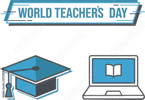 World Teachers Day celebration banner with graduation cap and laptop computer icons in flat vector style