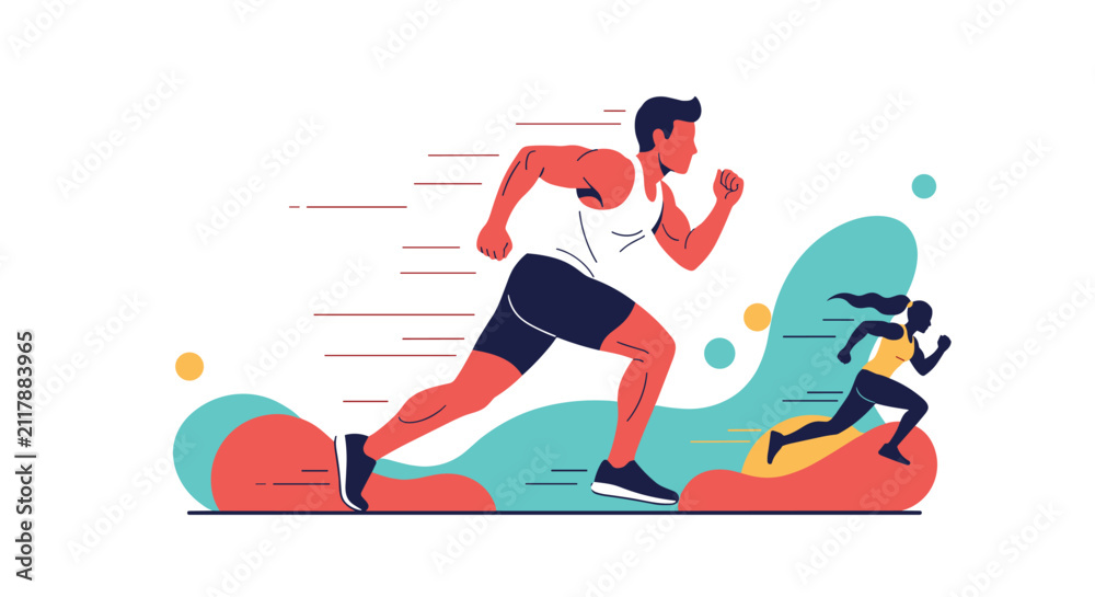 Fototapeta premium Dynamic male and female professional athletes sprinting fast in a track competition with abstract colorful background.