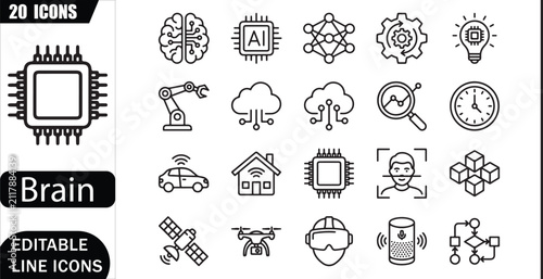 Isolated brain artificial intelligence icons set, 20 editable line art icons set, neural network, machine learning, innovation, technology, automation, digital analytics, future AI theme style, vector