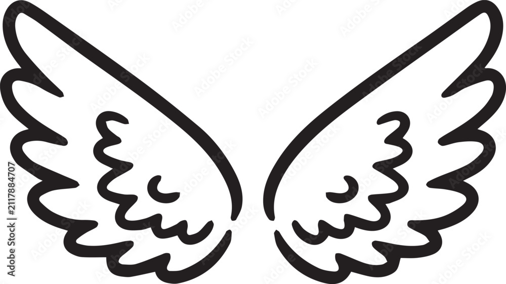 Obraz premium Detailed black and white vector line art of angel wings, symbolizing freedom, spirituality, protection, or a memorial tribute