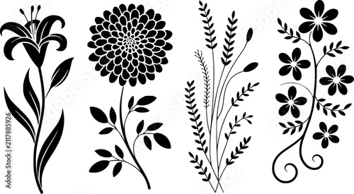 Quadro su tela 黒インクで描かれた、様々な花と植物の小枝を特徴とする4つの装飾的なフローラルシルエットのコレクション