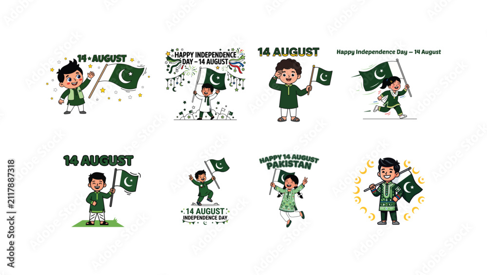 Fototapeta premium Happy Child Waving Pakistan Flag 14 August Independence Day Vector Illustration on PNG Background, Pakistan, 14 August, Independence Day, Pakistan Independence Day, Pakistan flag, child, kid, 