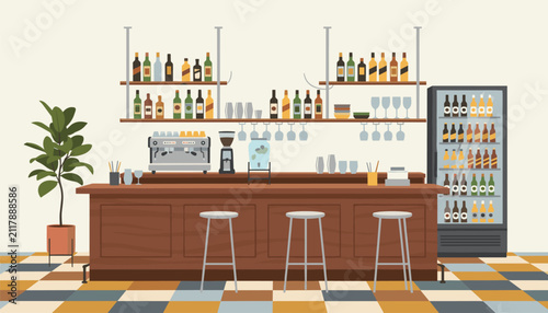 Elegant empty bar interior design featuring a wooden counter, high metal stools, shelves of alcohol bottles, and beverage fridge.