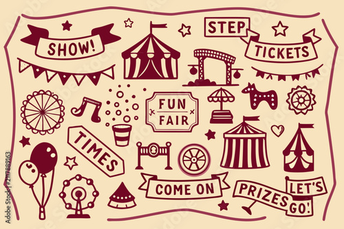 Bild auf Leinwand Vintage carnival fair doodles illustration with tents ferris wheels and banners