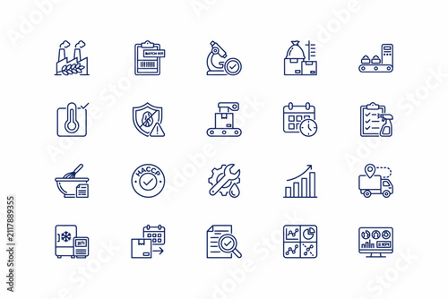 Collection of blue outline for food safety, control, haccp compliance, and industrial production management and monitoring