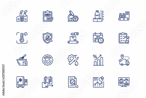 Set of blue outline for food safety, control, haccp compliance, and industrial production management and monitoring systems