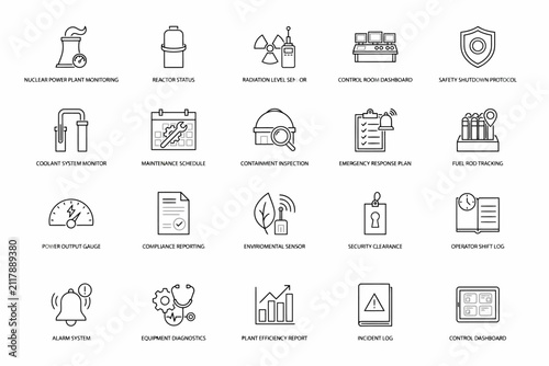 Set of technical line for nuclear power plant monitoring, safety protocols, equipment diagnostics, and facility management systems