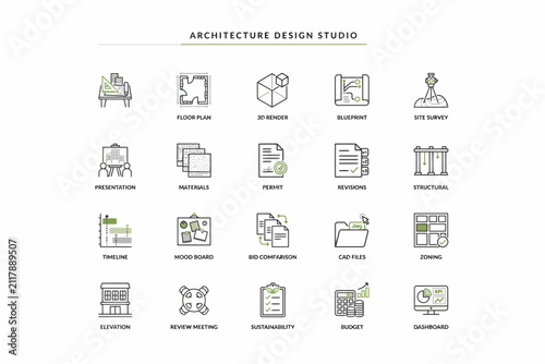 Architecture studio set with labels, featuring floor plans, 3d renders, blueprints, site surveys, and project management tools