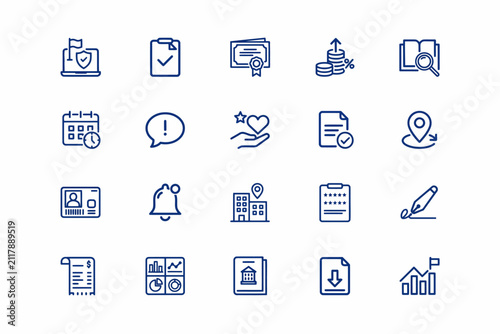 Set of twenty blue line representing business, finance, management, and administrative tasks on a clean white background