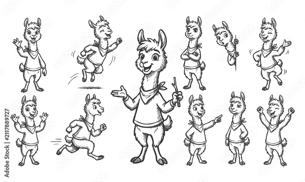Obraz premium Cute vicuna and llama cartoon mascot character set with various poses vector illustration