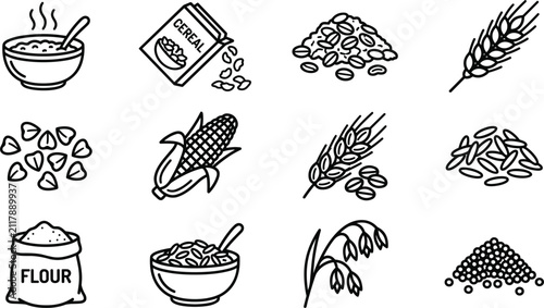Cereal grains and agricultural crops line icons set for healthy breakfast oatmeal flour corn wheat and organic food design