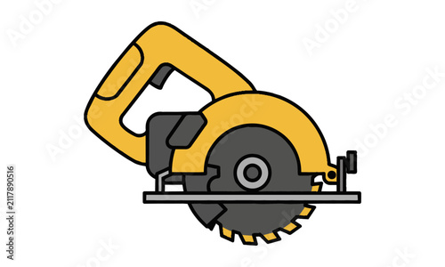 Modern electric circular saw icon with bold outlines and flat colors isolated on white, industry tool concept