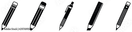 фотографія Writing tool icons set pencils and pens for drawing, writing and note taking diverse stationery items