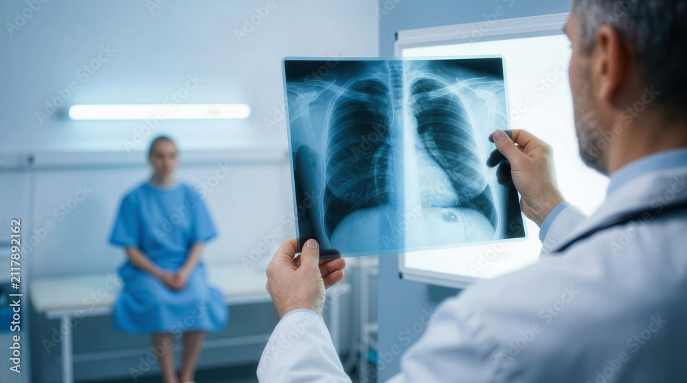 Fototapeta premium Male doctor examining a chest x-ray film while a female patient waits in the background of a modern hospital clinic.