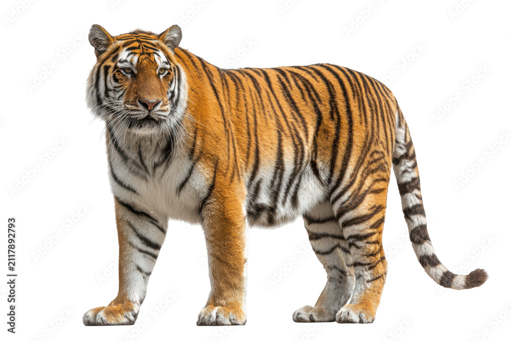 Fototapeta premium Majestic regal tiger standing poised alone isolated on transparent background.
