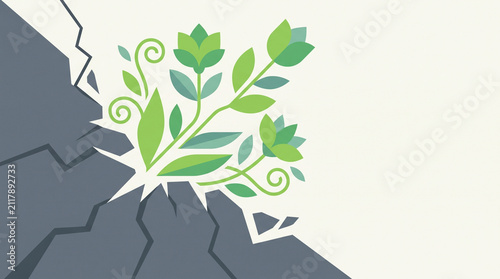 Green plant sprouting through cracked grey rock, symbolizing growth overcoming obstacles.