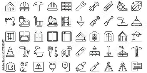 Construction tools and building elements icons for engineering and renovation project designs