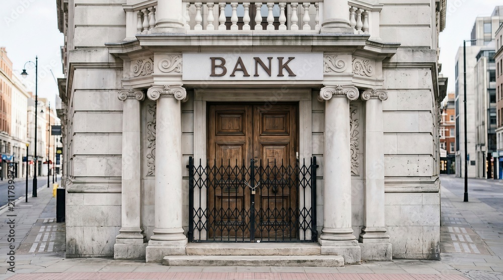 Fototapeta premium Closed bank building with wooden door and security gate on empty city street