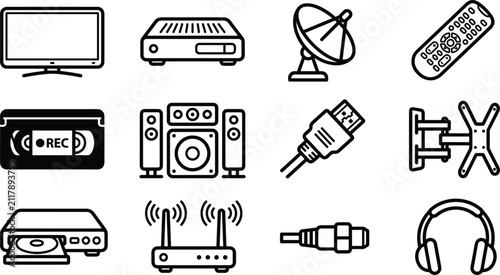 Television and home entertainment system outline icon set with smart TV, satellite dish, remote control, sound speakers, router, and media equipment vectors for user interface design.