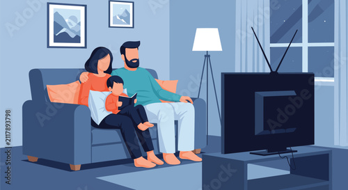 Happy young family with a toddler sitting on a cozy sofa and watching television in their living room at night.