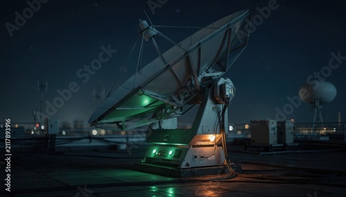 Nighttime medium shot highlighting a satellite dish with LED indicators glowing the rest of the installations softly out of focus under a dark sky.
