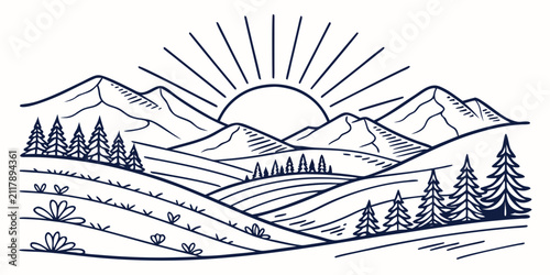 Konstfotografi Sunrise over mountain peaks, silhouetted pine trees, rays of light, winter lands