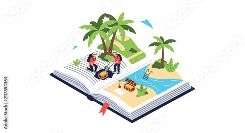 Isometric pop-up open book showing a tropical island adventure with palm trees, beaches, and explorers digging up a treasure chest.